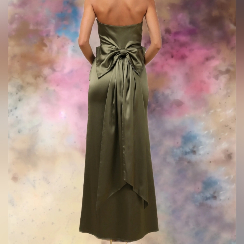 Lulus Absolutely Poised Olive Green Satin Strapless Bow Maxi Dress XSMALL